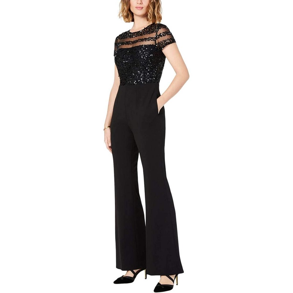 NWT Adrianna Papell Black Short Sleeve Illusion Sequin Bodice Jumpsuit Size 4